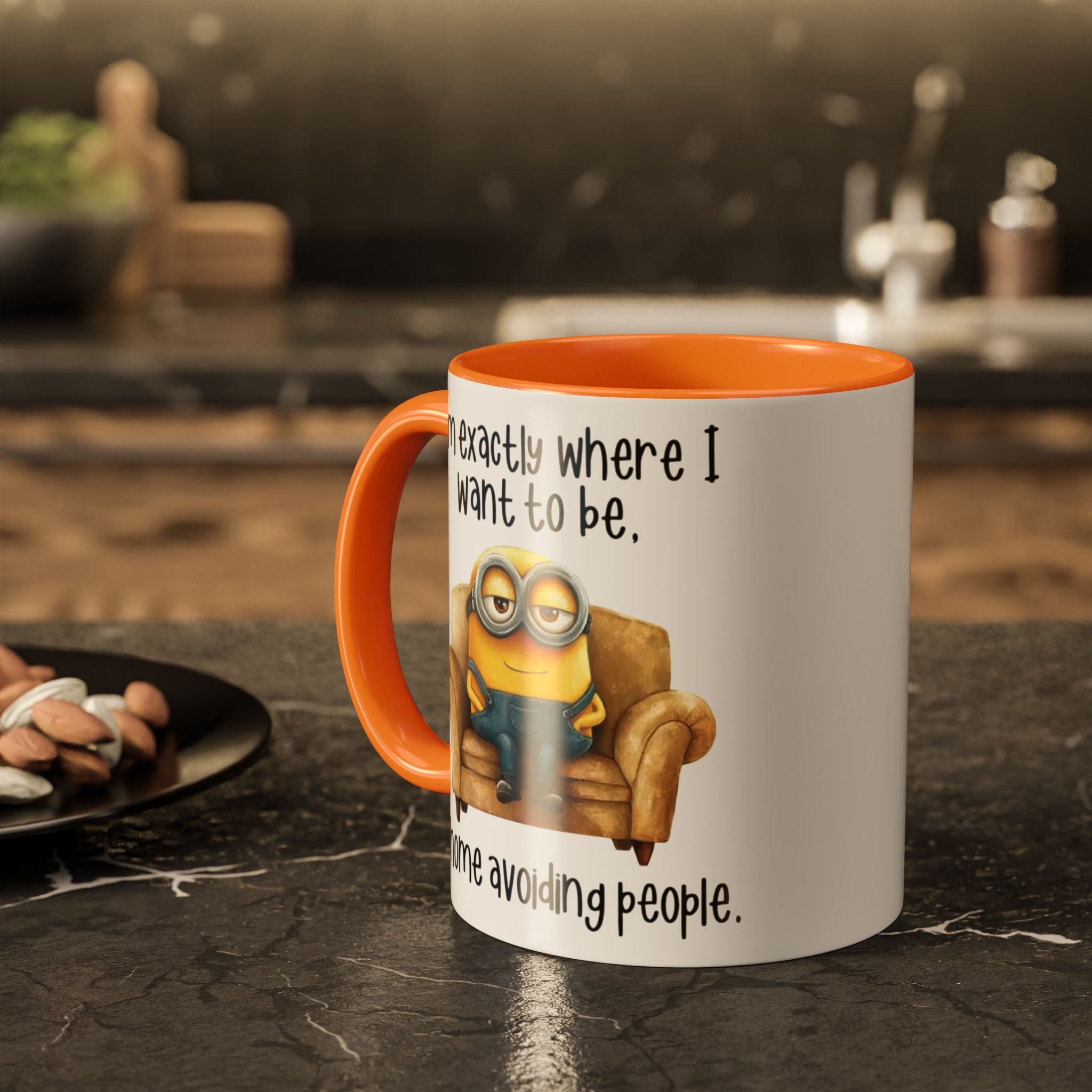 Funny Minion Two-Tone Coffee Mug, 11oz - I'm exactly where i want to be At home avoiding people, Novelty Ceramic Tea Cup, Unique Gift Idea