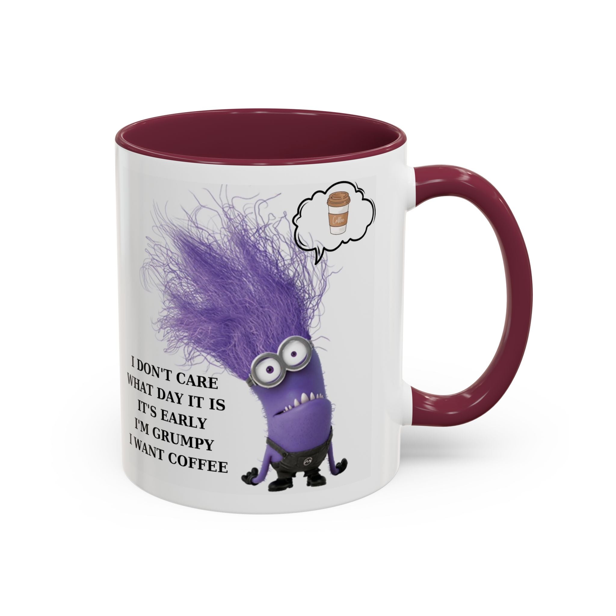 Funny Minion Two-Tone Coffee Mug, 11oz - I Don't Care What Day It Is, Funny Coffee Lover Gift, Grumpy Mug, Office Humor, Sarcastic Mug, Gift