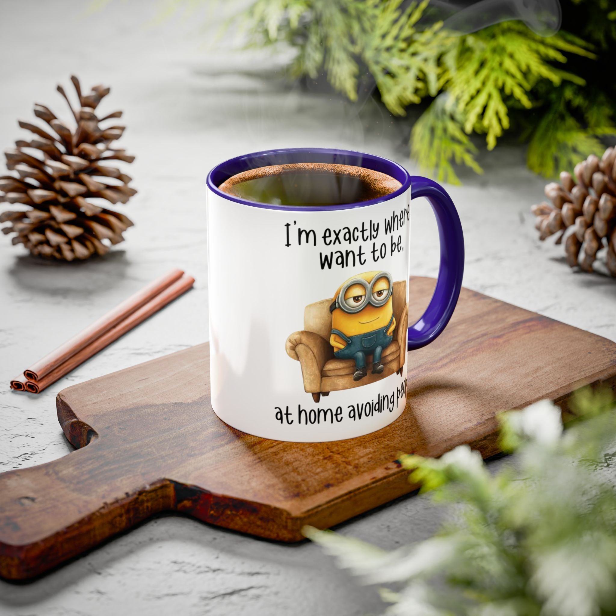 Funny Minion Two-Tone Coffee Mug, 11oz - I'm exactly where i want to be At home avoiding people, Novelty Ceramic Tea Cup, Unique Gift Idea