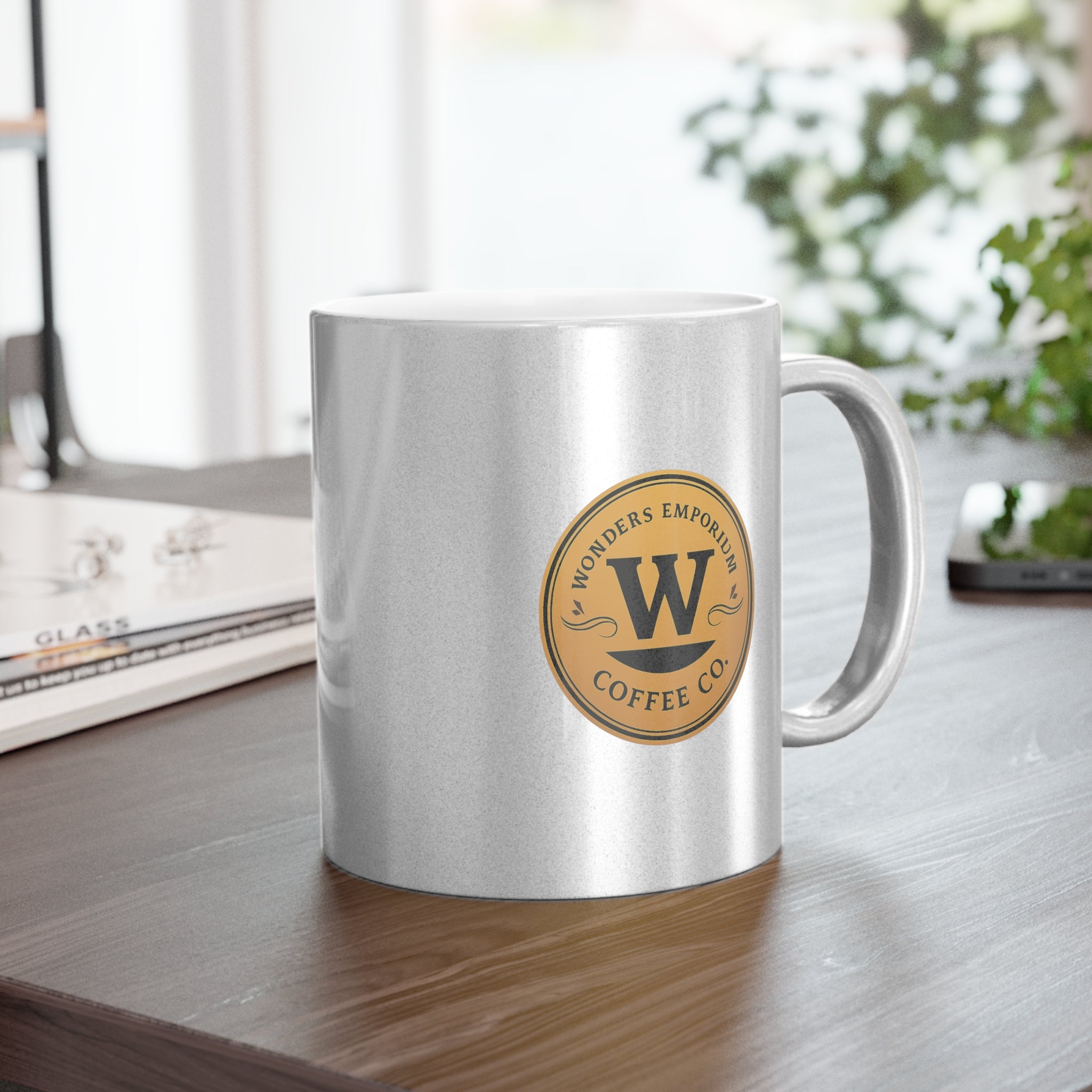 Wonders Emporium Coffee Co. Metallic Mug — Silver or Gold Office Cup