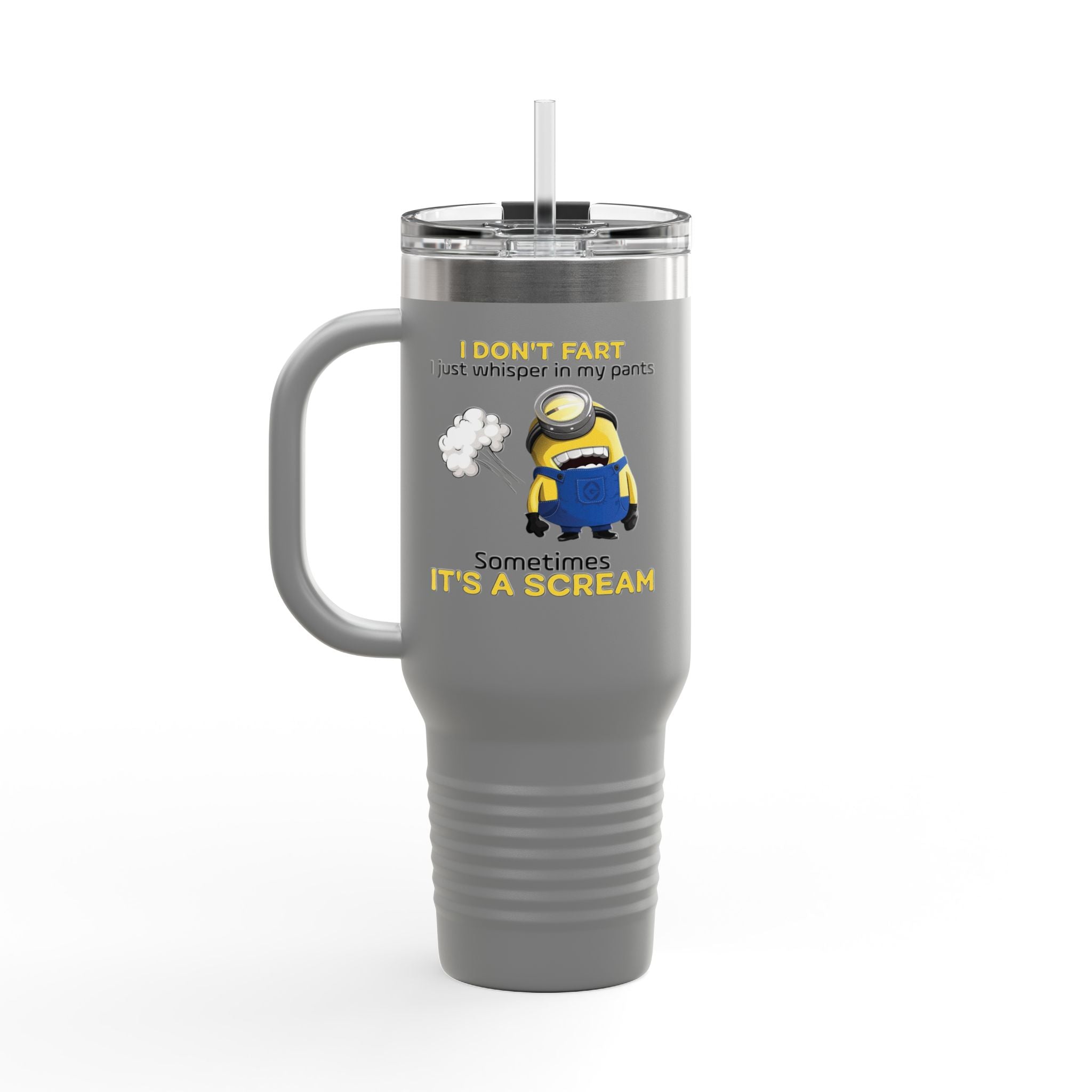 Funny Minion 'i dont fart I whisper' 40oz Insulated Travel Mug | Stainless Steel Tumbler for Hot and Cold Drinks, Novelty Cup, Travel Gift,