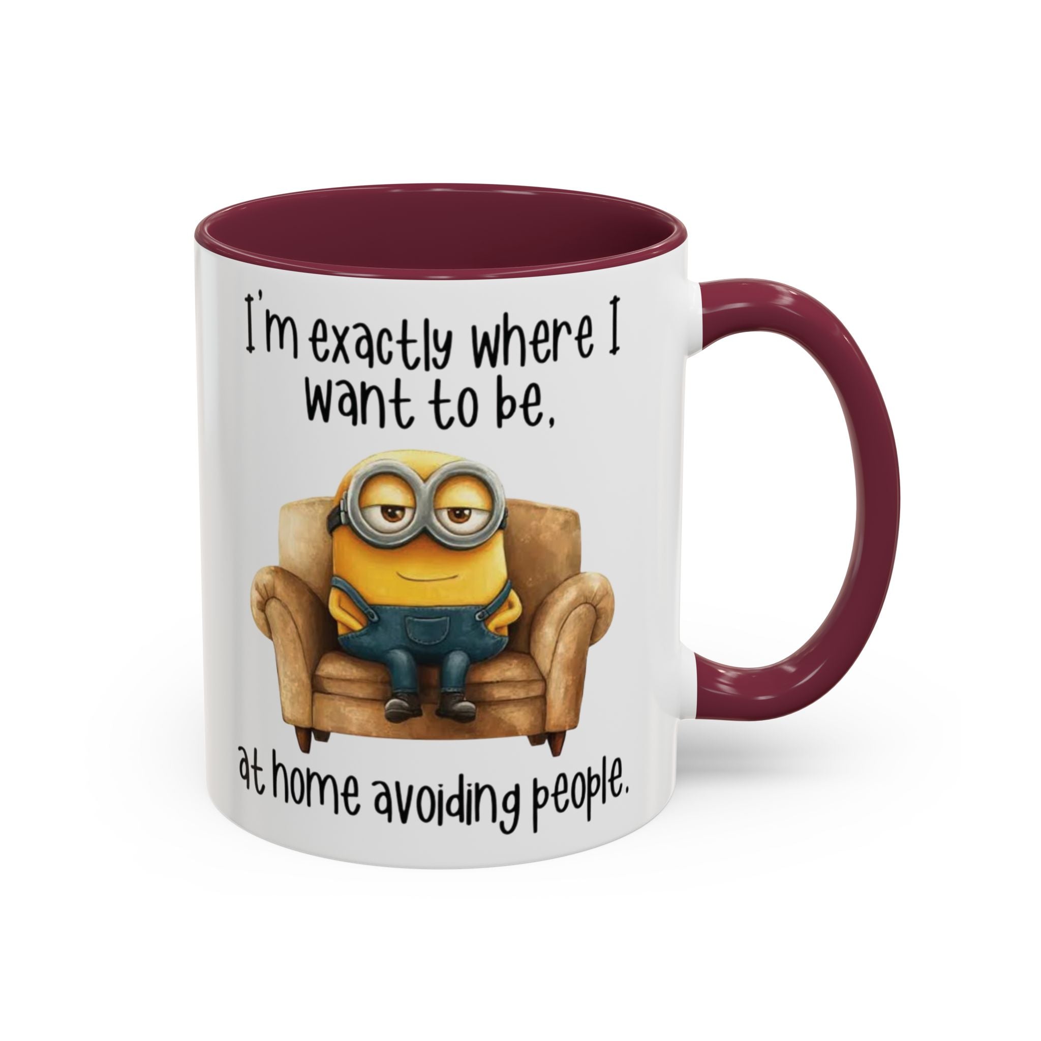 Funny Minion Two-Tone Coffee Mug, 11oz - I'm exactly where i want to be At home avoiding people, Novelty Ceramic Tea Cup, Unique Gift Idea