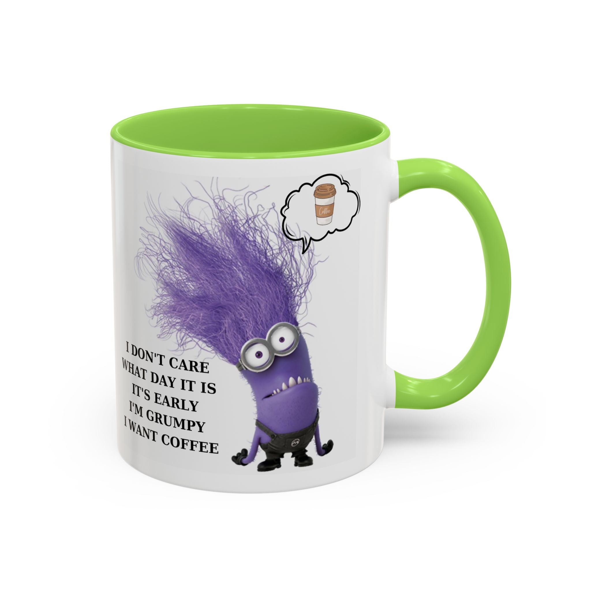 Funny Minion Two-Tone Coffee Mug, 11oz - I Don't Care What Day It Is, Funny Coffee Lover Gift, Grumpy Mug, Office Humor, Sarcastic Mug, Gift