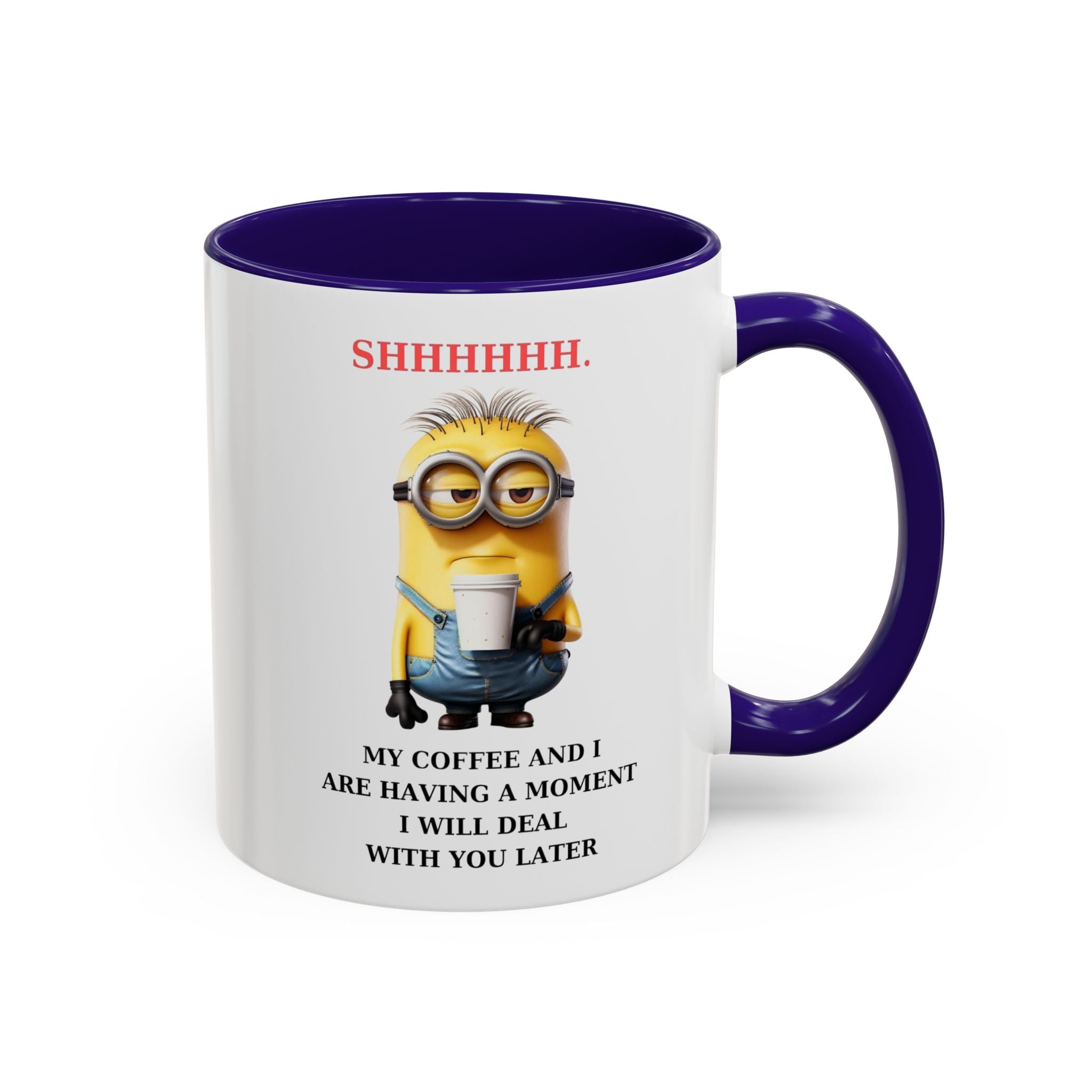 Funny Minion SHHHHHHH Two-Tone Coffee Mug, Novelty Cup, Cute Gift for Introverts, Office Humor, Sarcastic Statement, 11oz, Gift for Minion