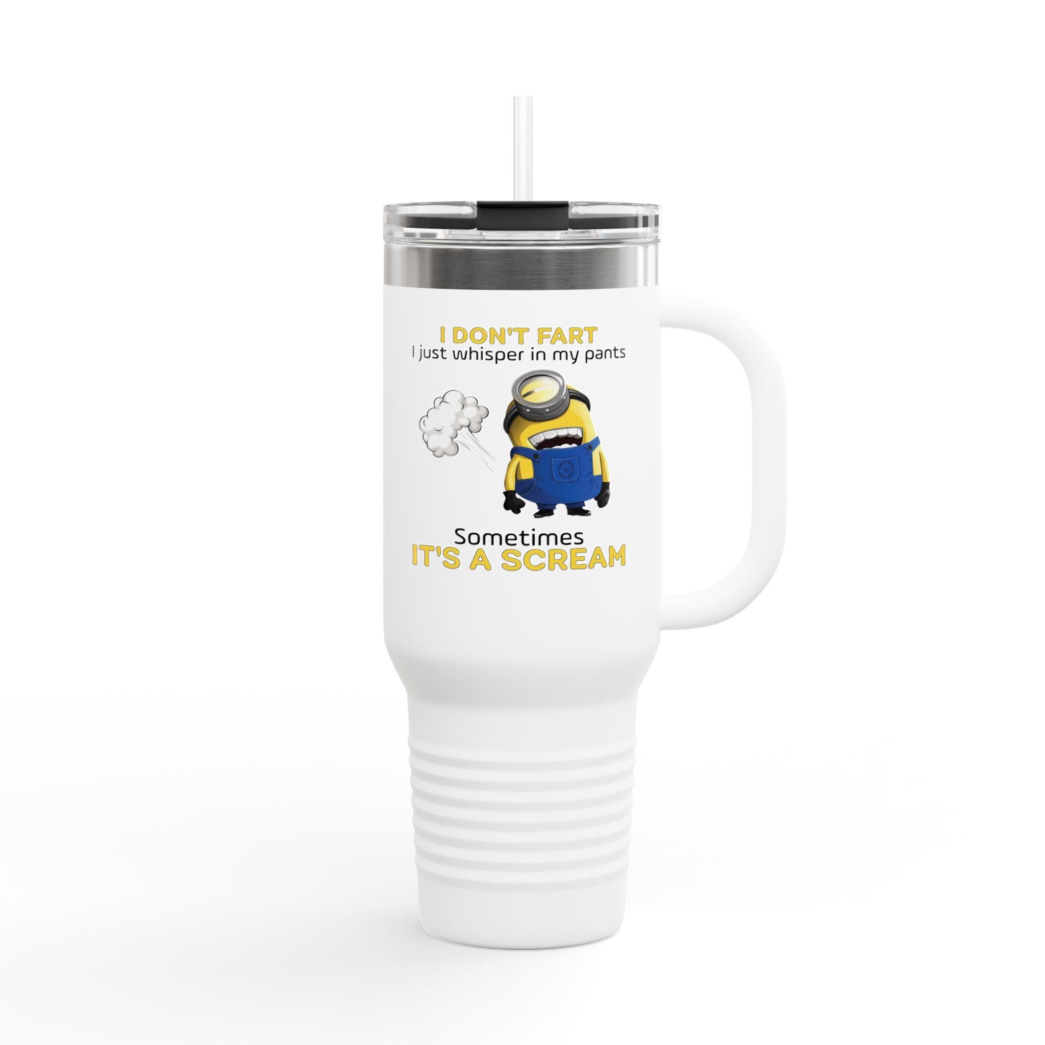 Funny Minion 'i dont fart I whisper' 40oz Insulated Travel Mug | Stainless Steel Tumbler for Hot and Cold Drinks, Novelty Cup, Travel Gift,