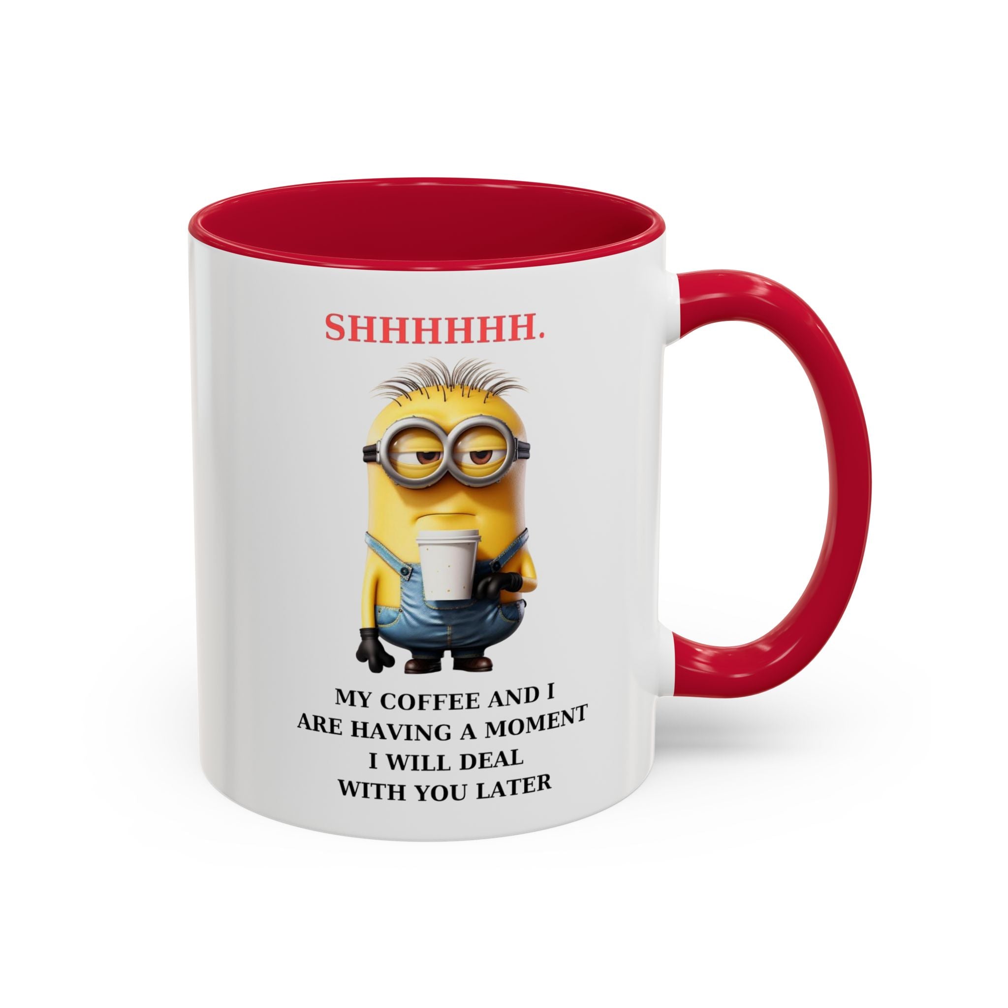 Funny Minion SHHHHHHH Two-Tone Coffee Mug, Novelty Cup, Cute Gift for Introverts, Office Humor, Sarcastic Statement, 11oz, Gift for Minion