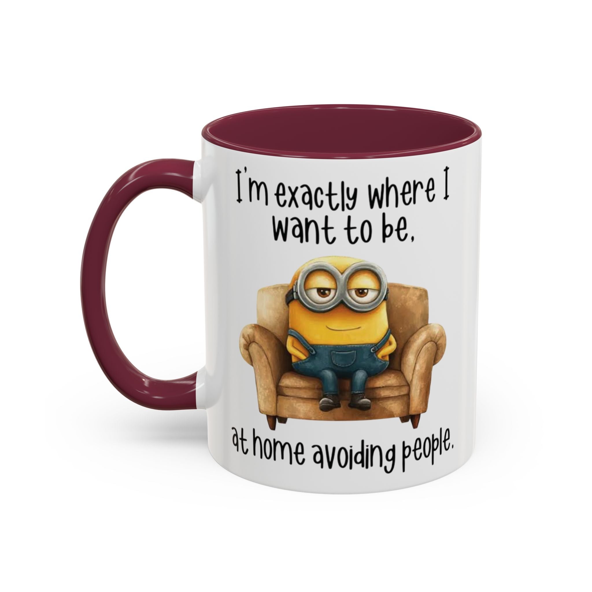 Funny Minion Two-Tone Coffee Mug, 11oz - I'm exactly where i want to be At home avoiding people, Novelty Ceramic Tea Cup, Unique Gift Idea