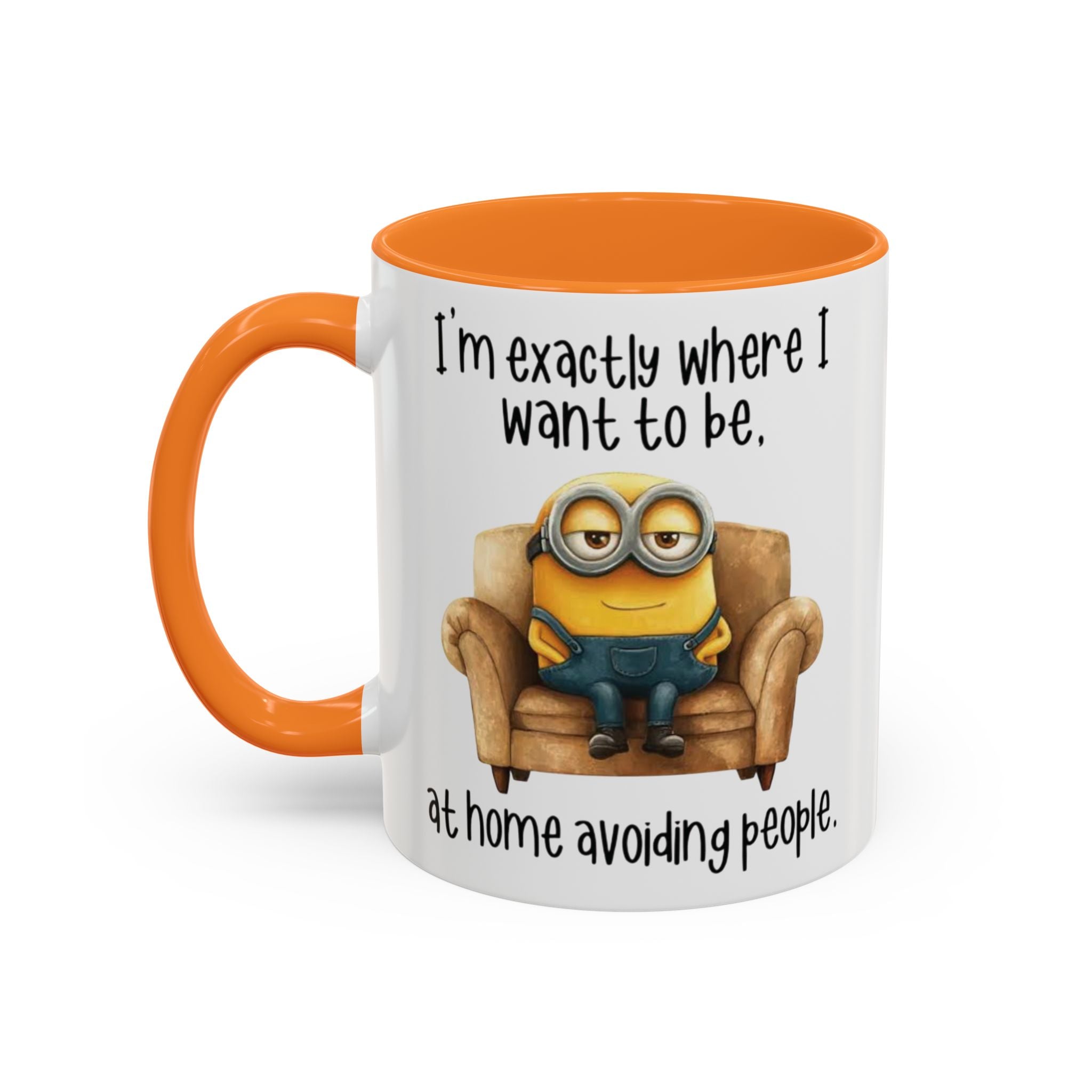 Funny Minion Two-Tone Coffee Mug, 11oz - I'm exactly where i want to be At home avoiding people, Novelty Ceramic Tea Cup, Unique Gift Idea