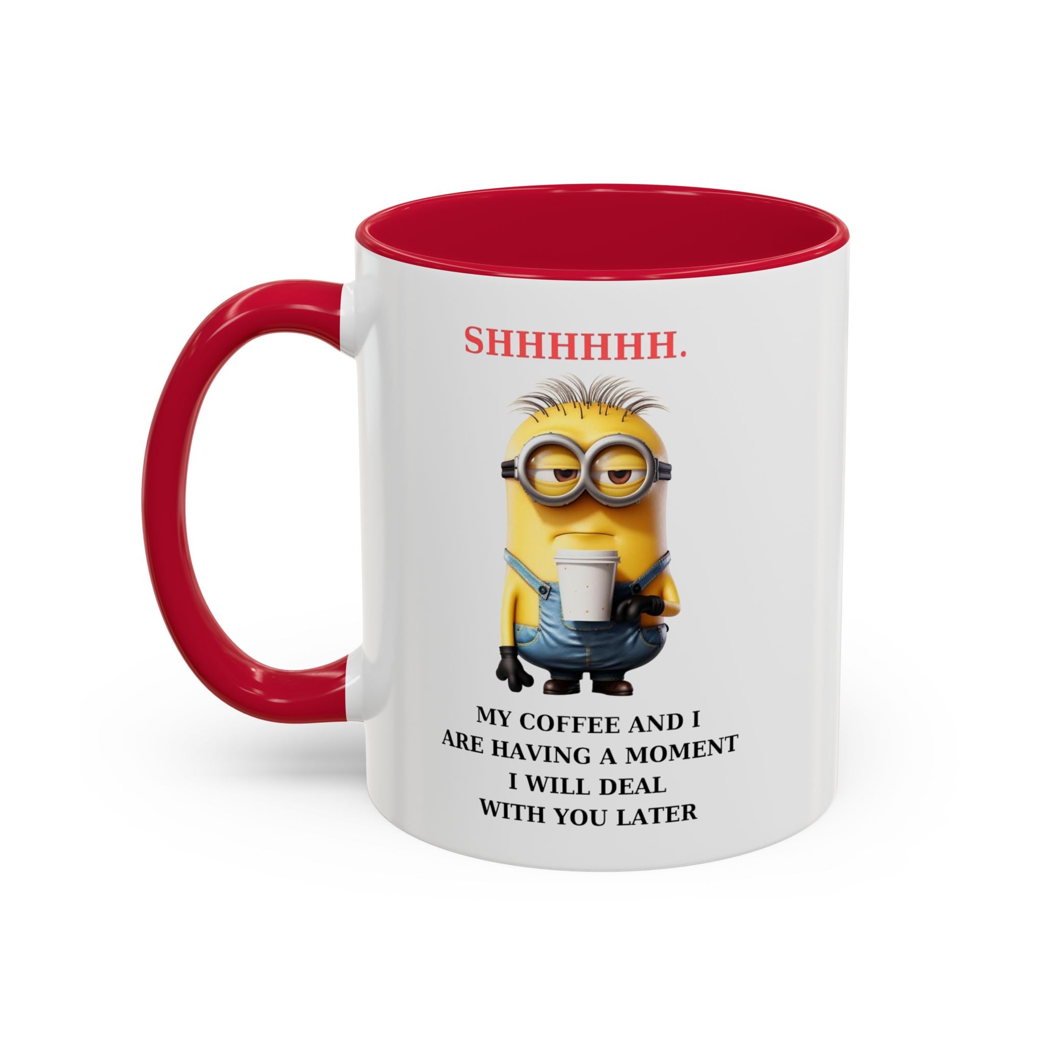 Funny Minion SHHHHHHH Two-Tone Coffee Mug, Novelty Cup, Cute Gift for Introverts, Office Humor, Sarcastic Statement, 11oz, Gift for Minion