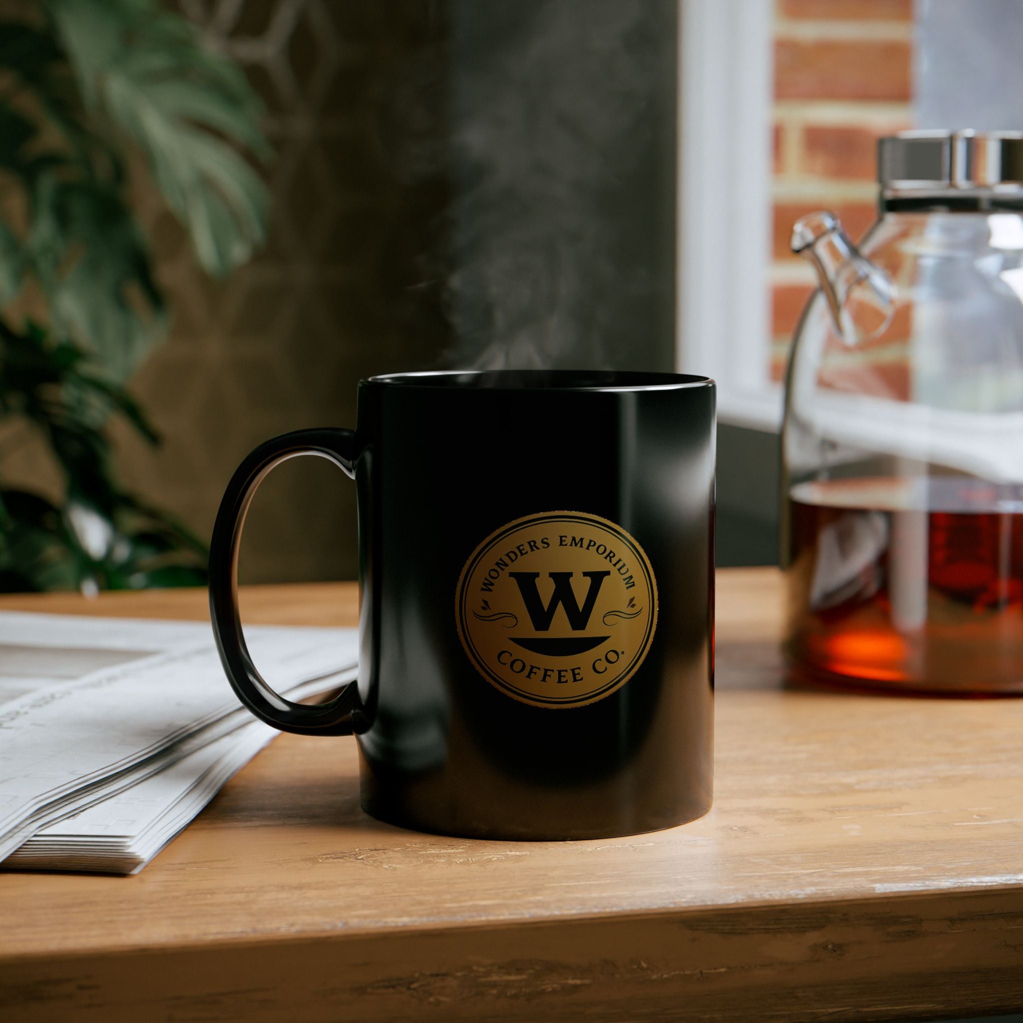 Wonders Emporium Coffee Co. Logo Black Ceramic Mug — 11oz & 15oz