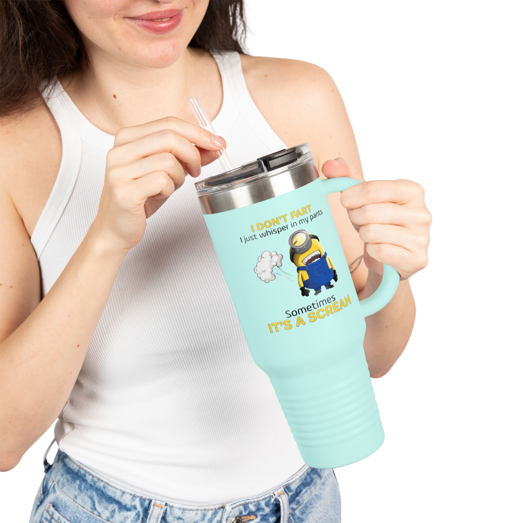 Funny Minion 'i dont fart I whisper' 40oz Insulated Travel Mug | Stainless Steel Tumbler for Hot and Cold Drinks, Novelty Cup, Travel Gift,
