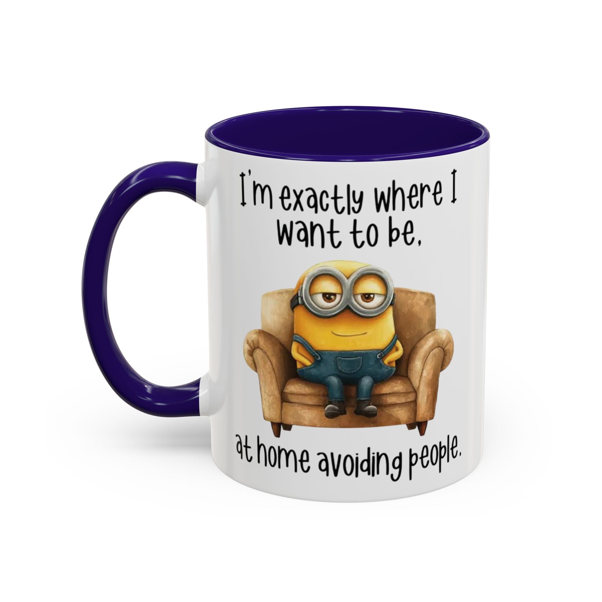 Funny Minion Two-Tone Coffee Mug, 11oz - I'm exactly where i want to be At home avoiding people, Novelty Ceramic Tea Cup, Unique Gift Idea