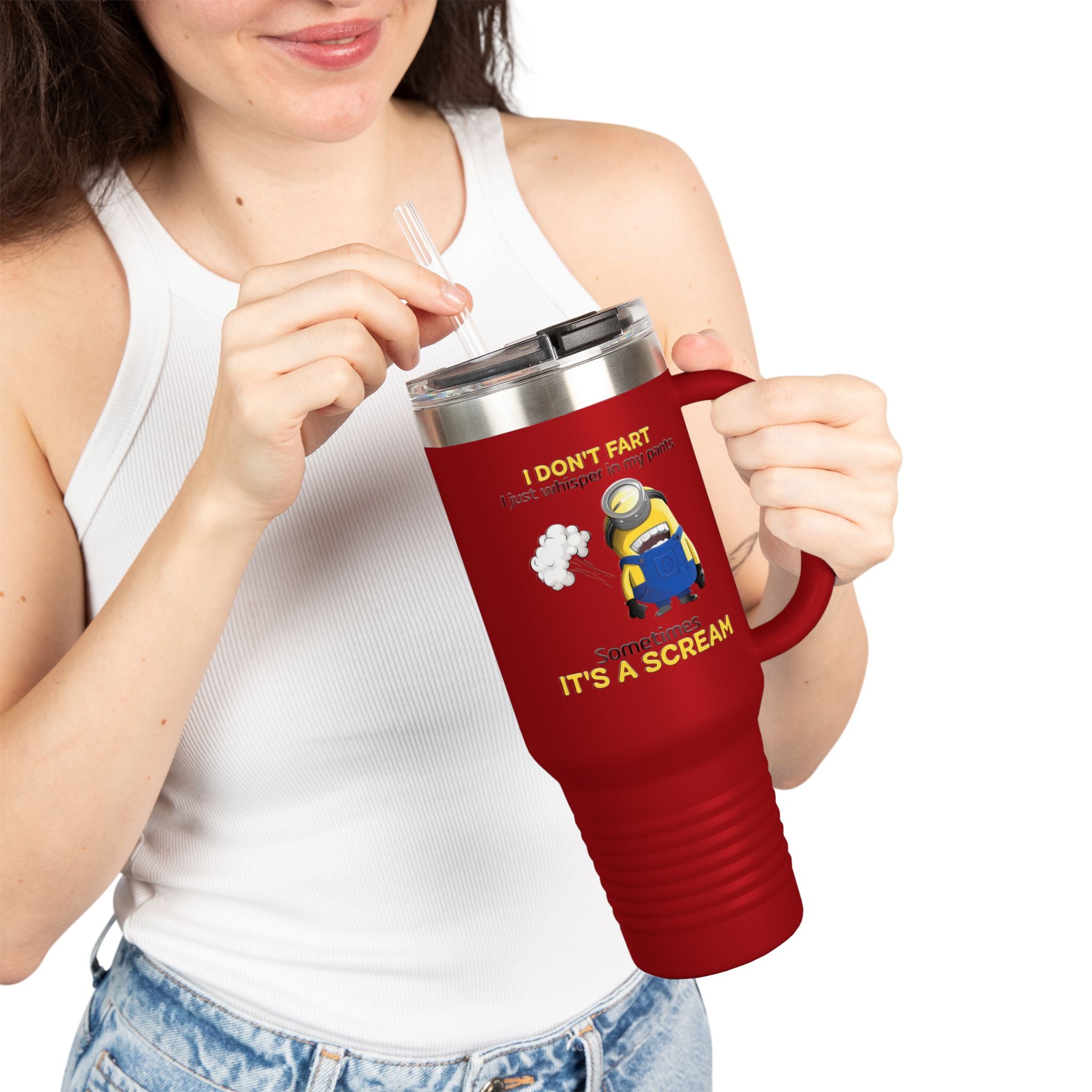 Funny Minion 'i dont fart I whisper' 40oz Insulated Travel Mug | Stainless Steel Tumbler for Hot and Cold Drinks, Novelty Cup, Travel Gift,