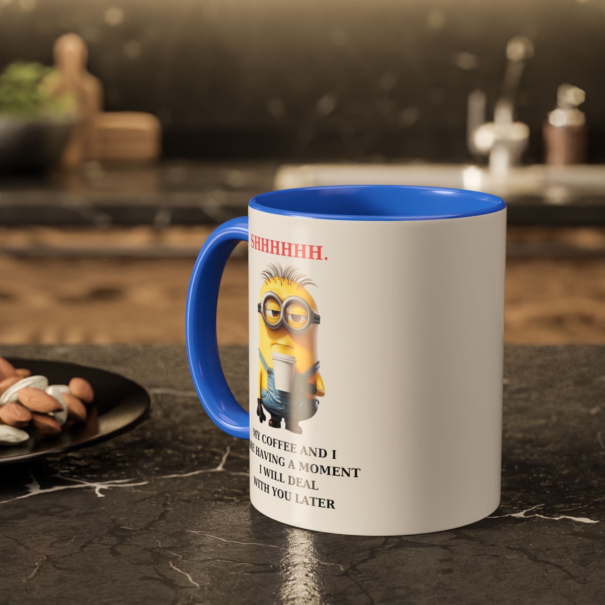 Funny Minion SHHHHHHH Two-Tone Coffee Mug, Novelty Cup, Cute Gift for Introverts, Office Humor, Sarcastic Statement, 11oz, Gift for Minion