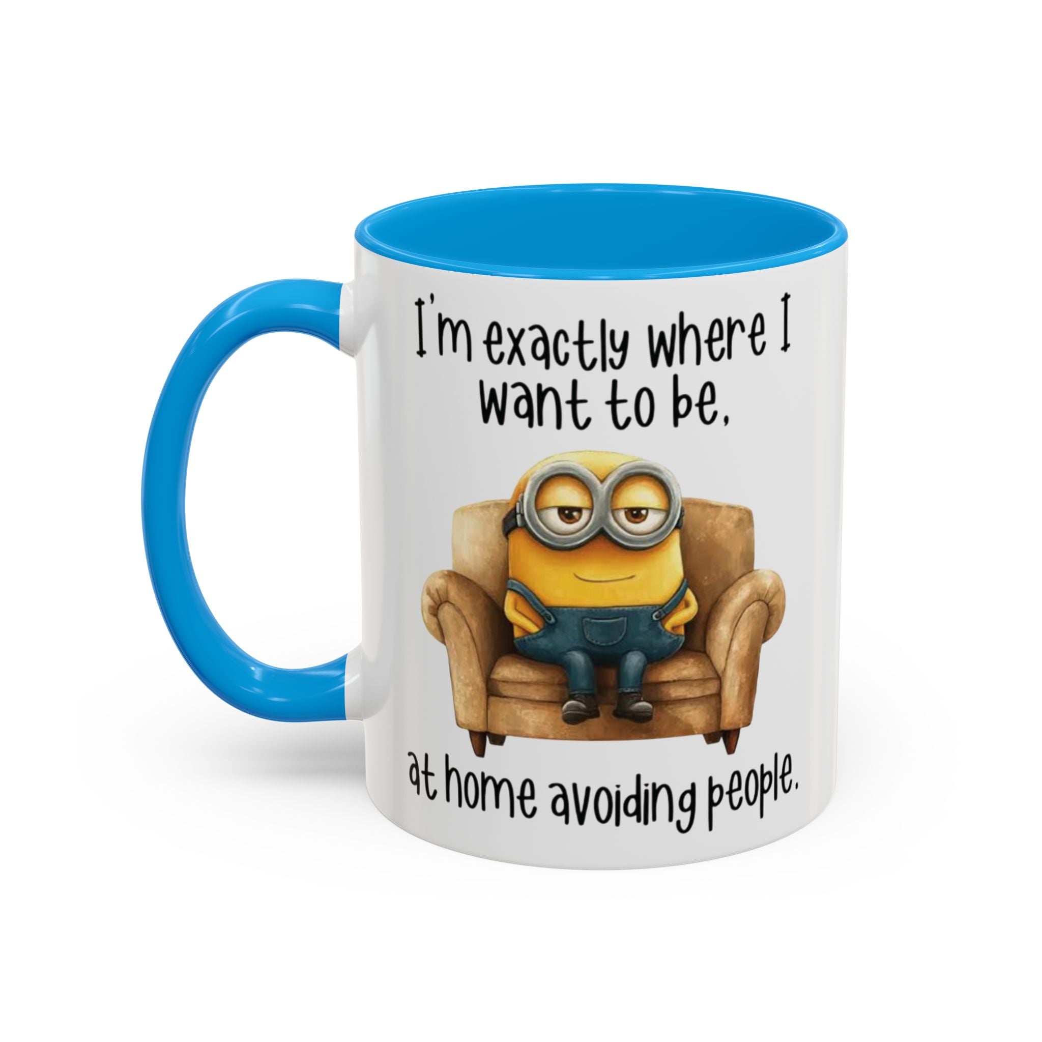 Funny Minion Two-Tone Coffee Mug, 11oz - I'm exactly where i want to be At home avoiding people, Novelty Ceramic Tea Cup, Unique Gift Idea