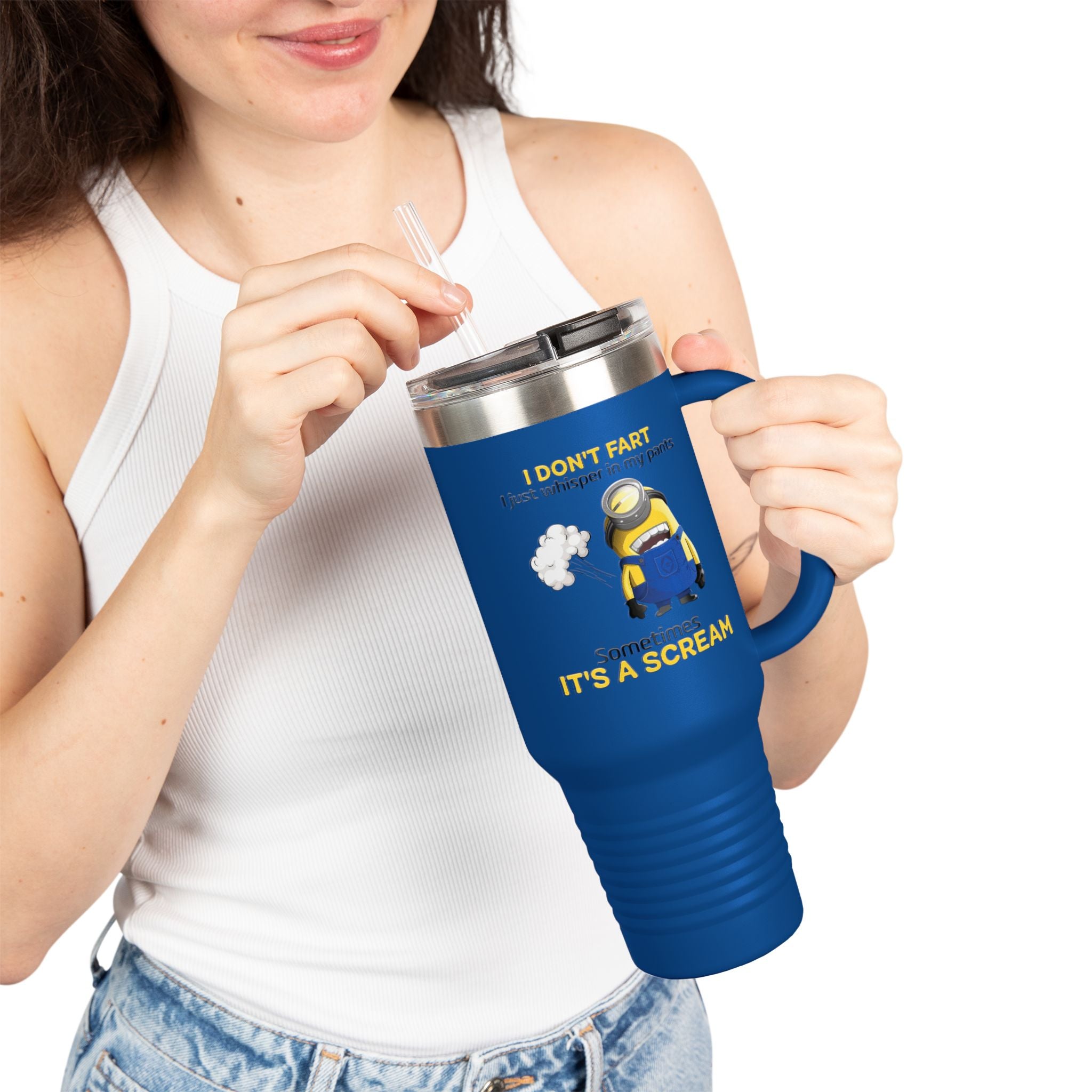 Funny Minion 'i dont fart I whisper' 40oz Insulated Travel Mug | Stainless Steel Tumbler for Hot and Cold Drinks, Novelty Cup, Travel Gift,