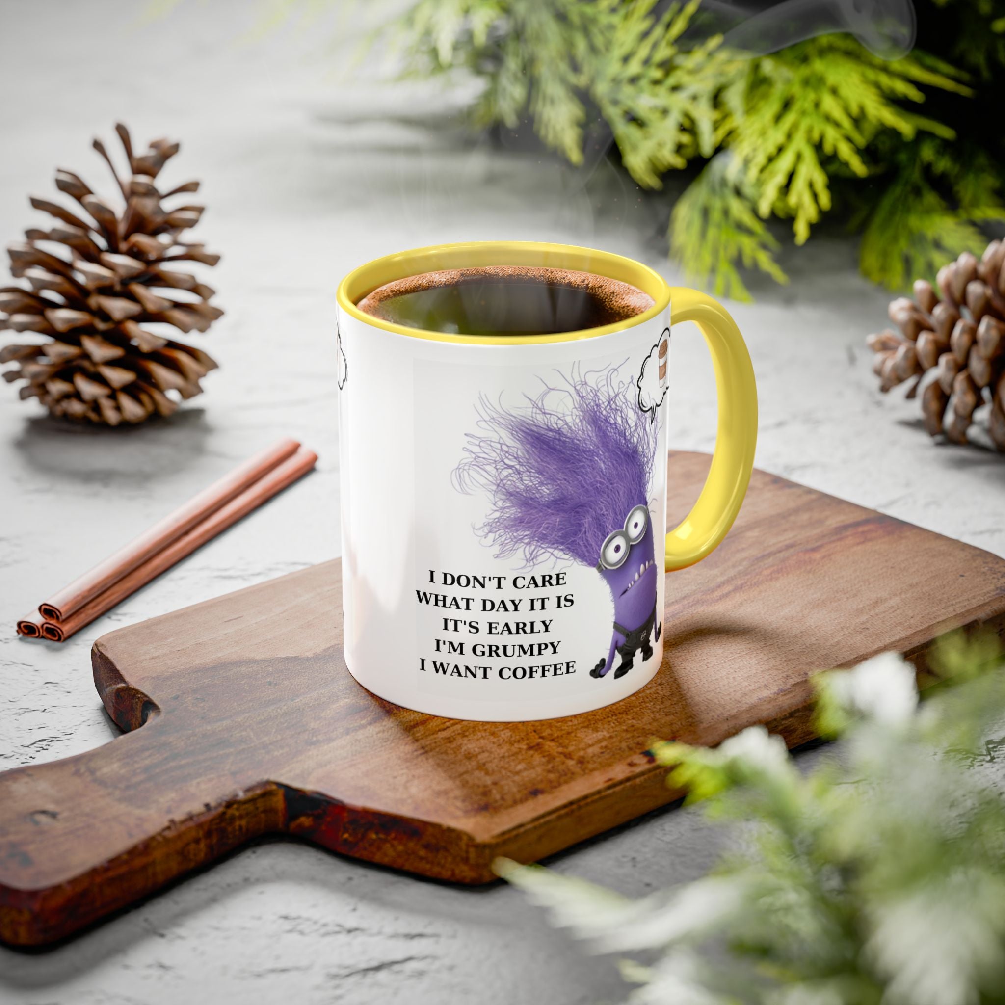 Funny Minion Two-Tone Coffee Mug, 11oz - I Don't Care What Day It Is, Funny Coffee Lover Gift, Grumpy Mug, Office Humor, Sarcastic Mug, Gift